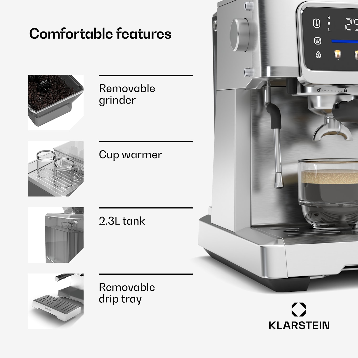 GrandPresso Touch espresso machine | 20 bar | integrated grinder | pressure indicator | milk foam 
