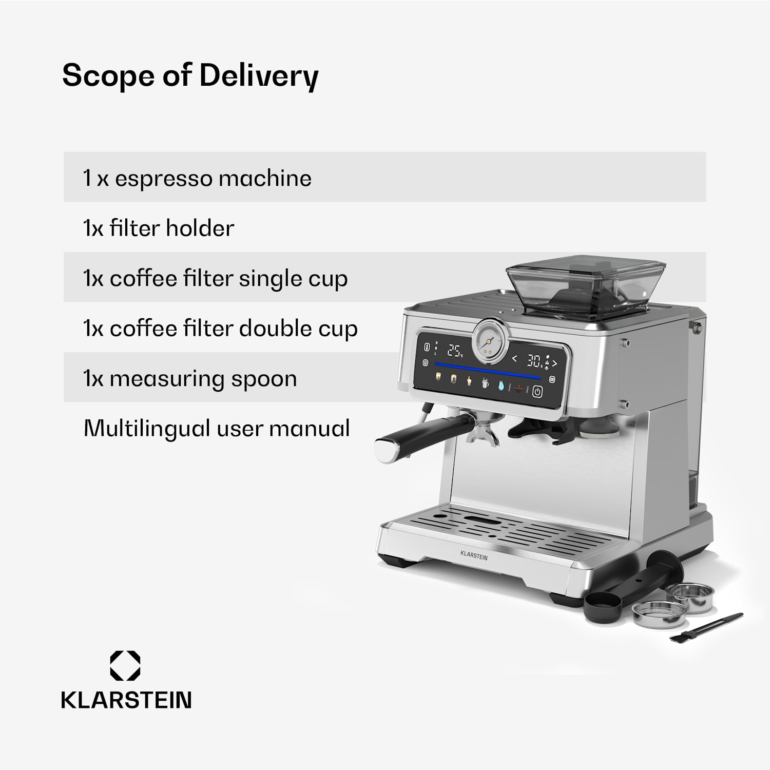 GrandPresso Touch espresso machine | 20 bar | integrated grinder | pressure indicator | milk foam 