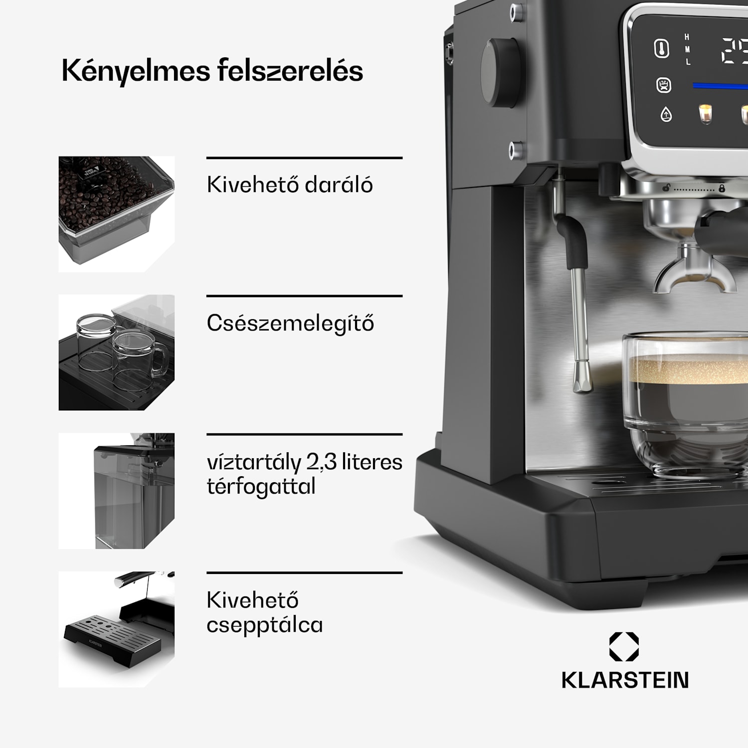 GrandPresso Touch kávéfőző, 20 bar, beépített daráló, nyomásjelző, tejhab GrandPresso Touch | Fekete