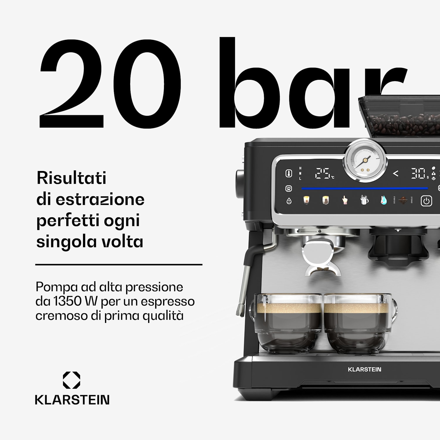 Macchina per caffè espresso GrandPresso Touch | 20 bar | Macinino integrato | Indicatore di pressione | Schiuma di latte GrandPresso Touch | Nero