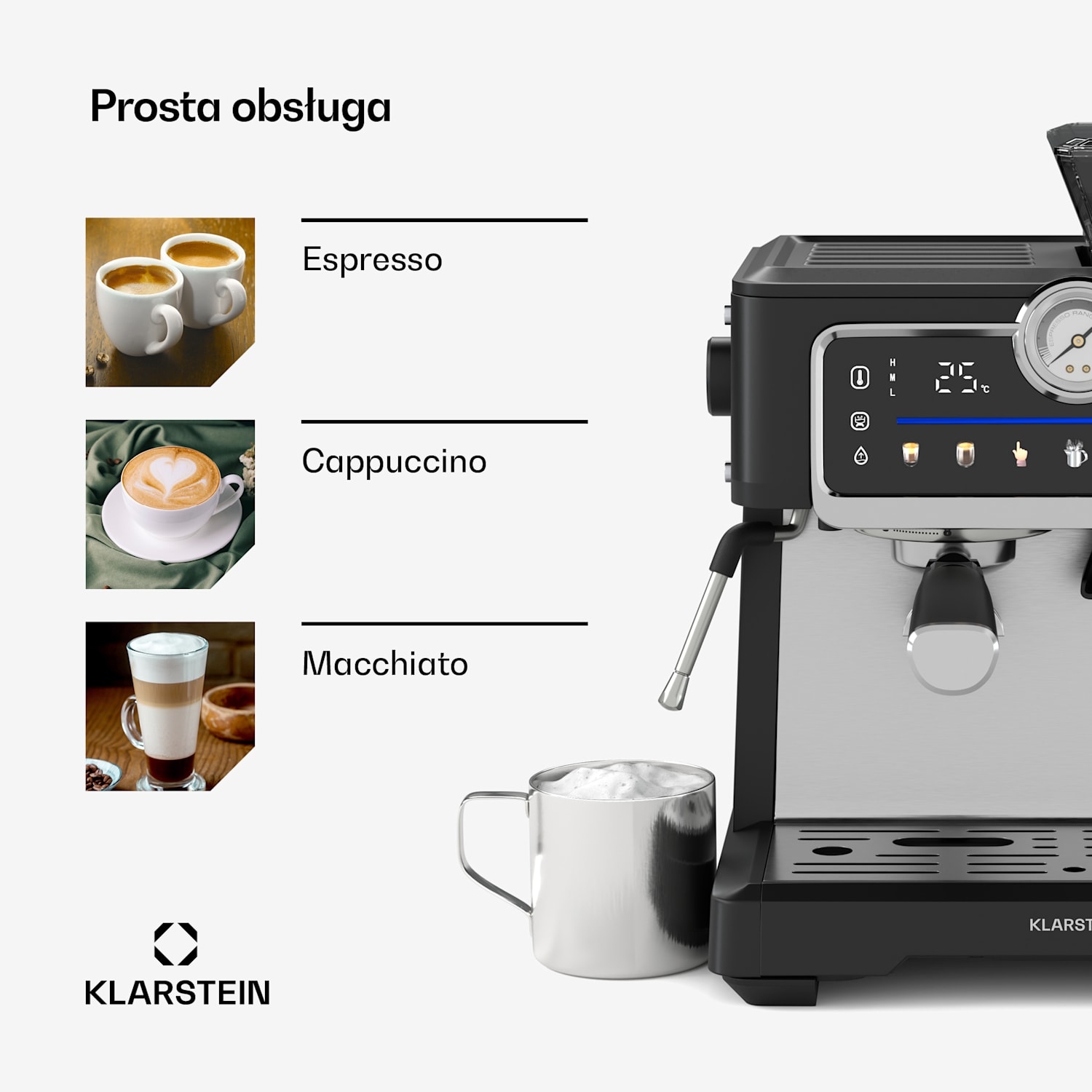 GrandPresso Touch ekspres do kawy, 20 barów, młynek, manometr, spieniacz do mleka GrandPresso Touch | Czarny