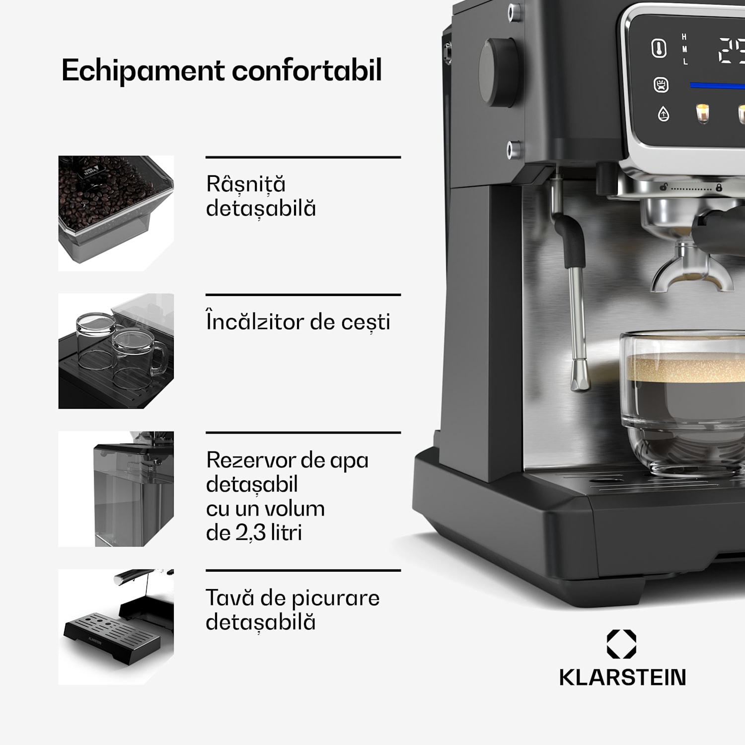 Aparat de cafea GrandPresso Touch, 20 bar, râșniță integrată, indicator de presiune, spumă de lapte GrandPresso Touch | Negru
