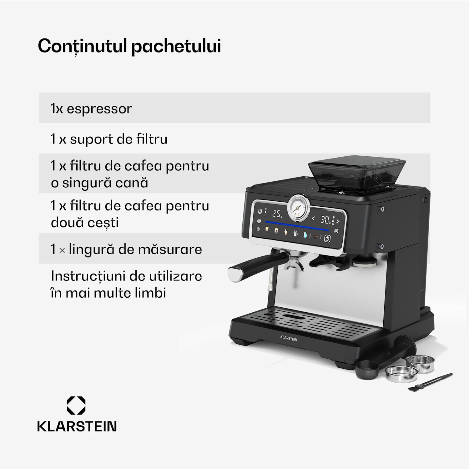 Aparat de cafea GrandPresso Touch, 20 bar, râșniță integrată, indicator de presiune, spumă de lapte GrandPresso Touch | Negru