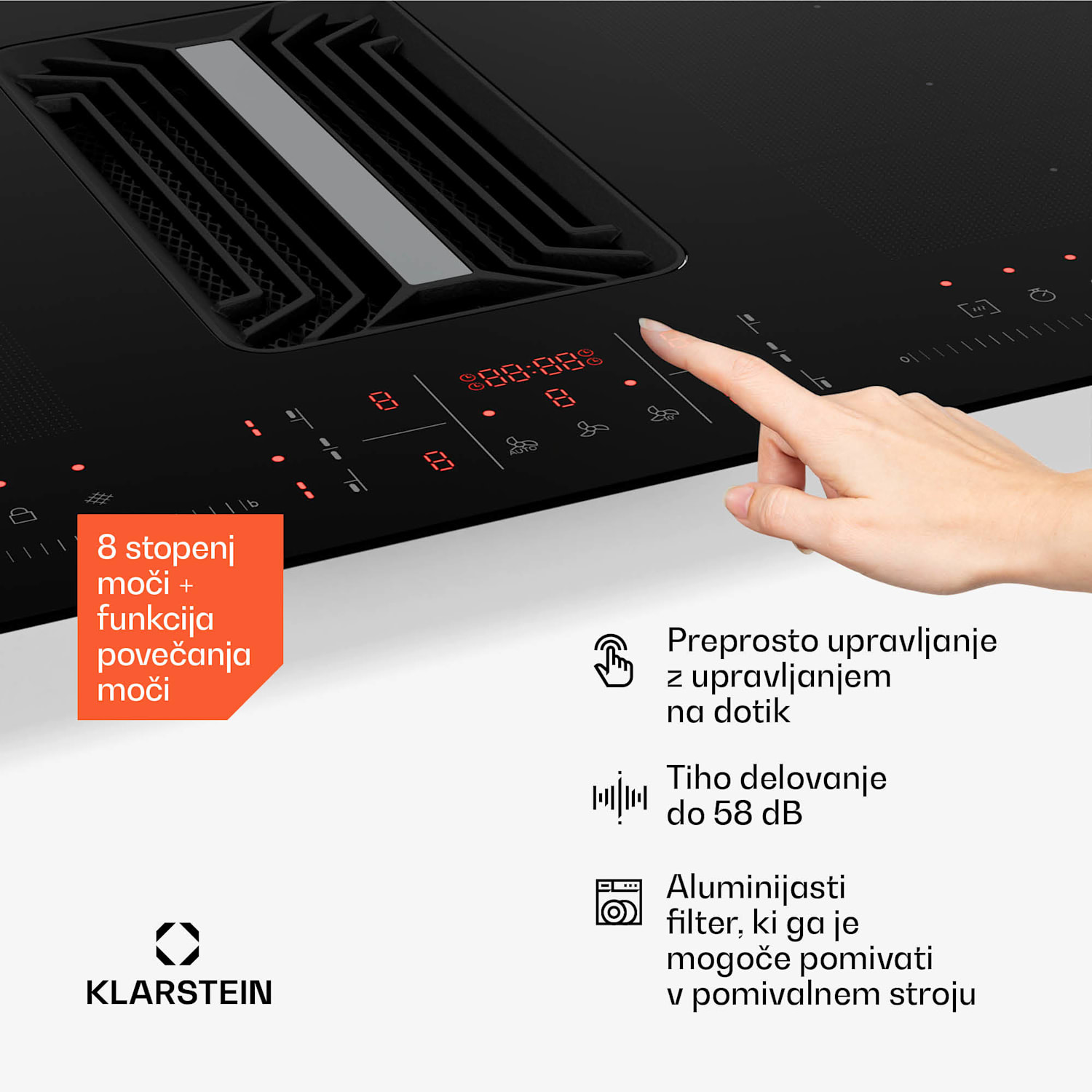AirJet FlexPro Down Air System, Indukcijska kuhalna plošča + napa, Flexi zone, Booster 83 cm | AirJetFlexPro | Črna