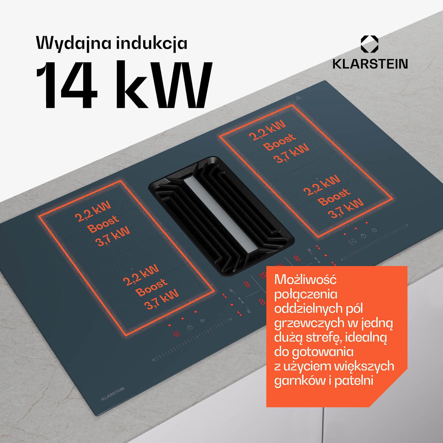 AirJet FlexPro płyta indukcyjna z wbudowanym okapem, płyta indukcyjna + okap, Down Air System, strefa Flexi, Booster 90 cm | AirJetFlexPro | Antracyt