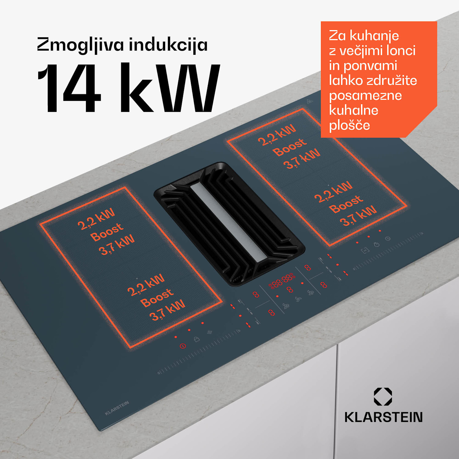 AirJet FlexPro Down Air System, Indukcijska kuhalna plošča + napa, Flexi zone, Booster 90 cm | AirJetFlexPro | Antracit