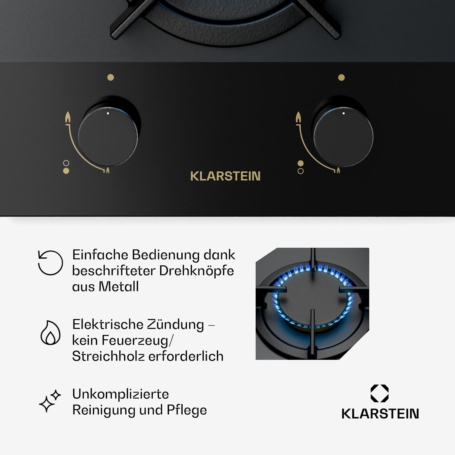 Goldflame Nano Gaskochfeld | 2 Messingbrenner | Nano-Beschichtung | LPG/Erdgas 30 cm | Glas | Schwarz