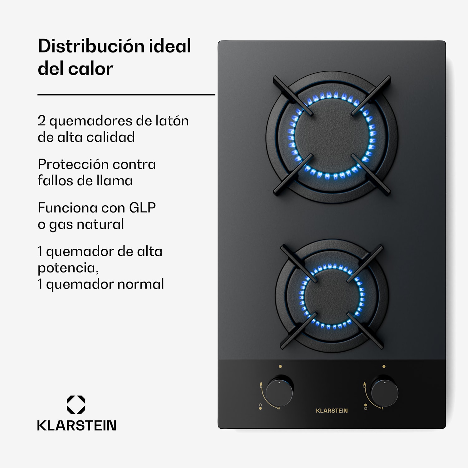 Goldflame Nano Placa de gas | 2 quemadores de latón | Nanorevestimiento | GLP/gas natural 30 cm | Cristal | Negro