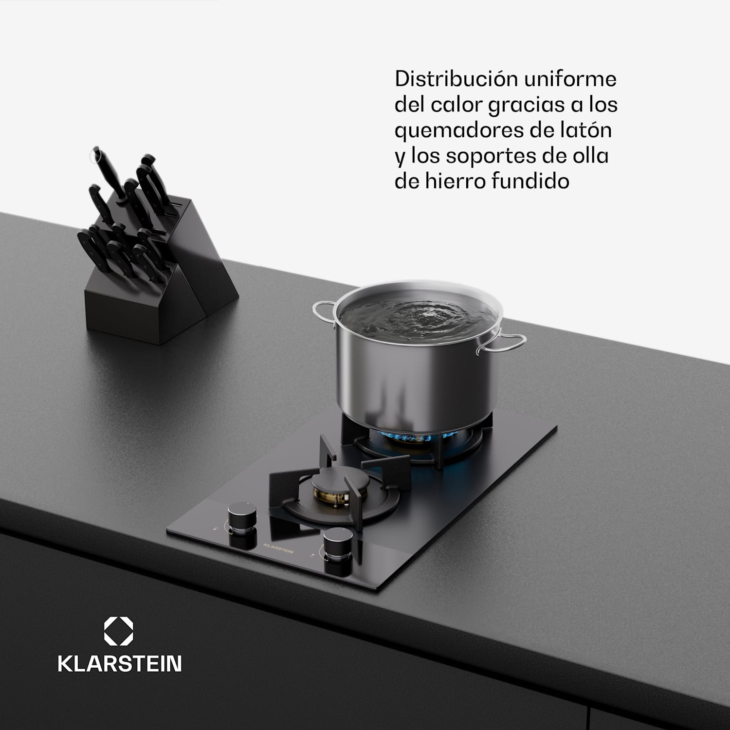 Goldflame Nano Placa de gas | 2 quemadores de latón | Nanorevestimiento | GLP/gas natural 30 cm | Cristal | Negro