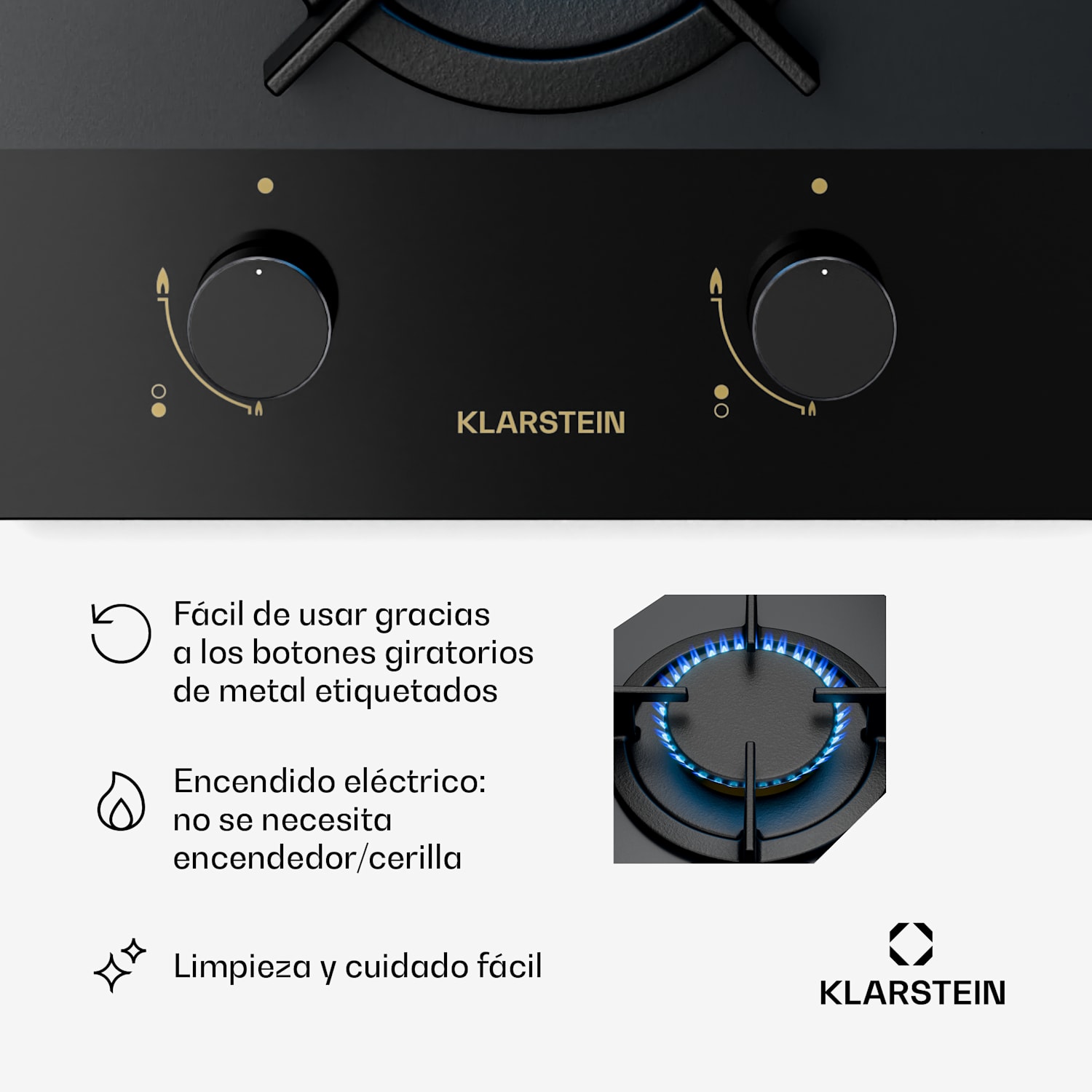 Goldflame Nano Placa de gas | 2 quemadores de latón | Nanorevestimiento | GLP/gas natural 30 cm | Cristal | Negro