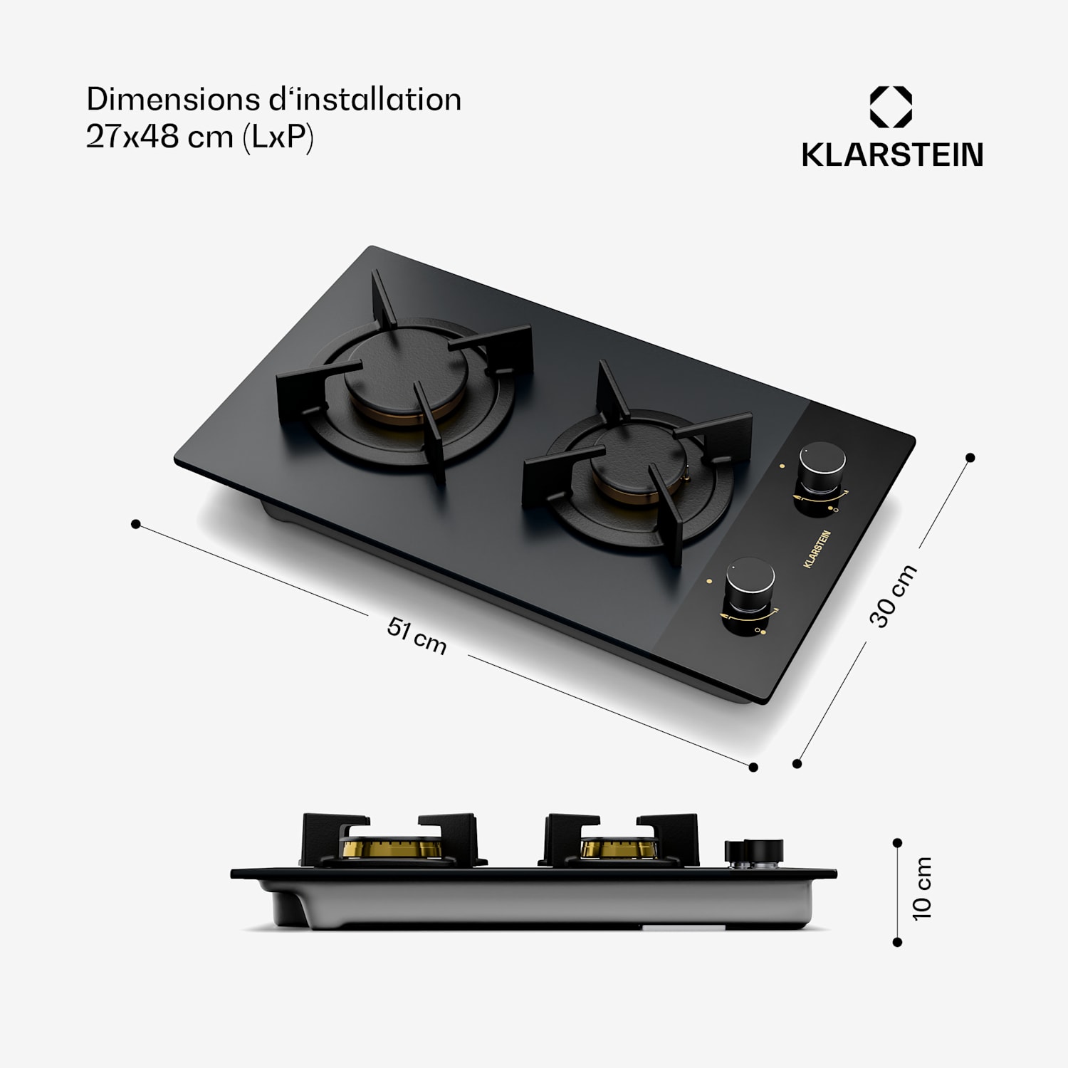 Goldflame Nano-gaskookplaat | 2 messingbranders | nanocoating | LPG/aardgas 30 cm | Glas | Zwart