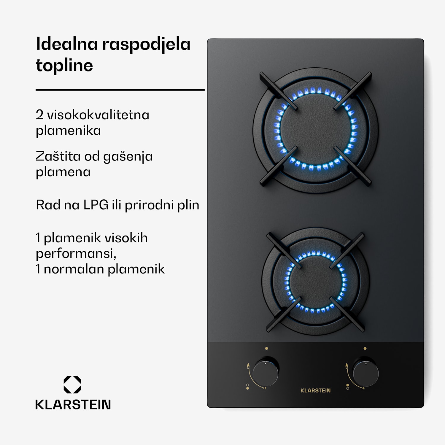 Goldflame Nano plinska ploča za kuhanje, 2 mjedena plamenika, Nano premaz, LPG/prirodni plin 30 cm | Staklo | Crna