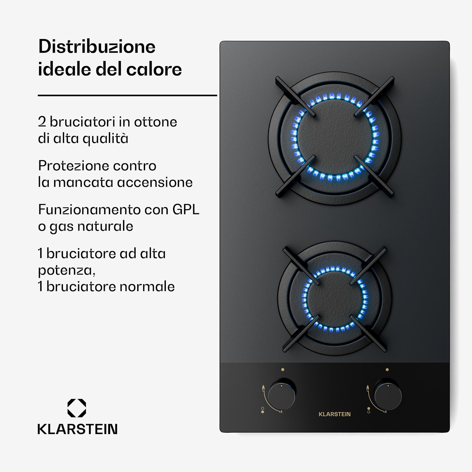 Goldflame Nano piano cottura a gas | 2 bruciatori in ottone | Nanorivestimento | GPL/gas naturale 30 cm | Vetro | Nero