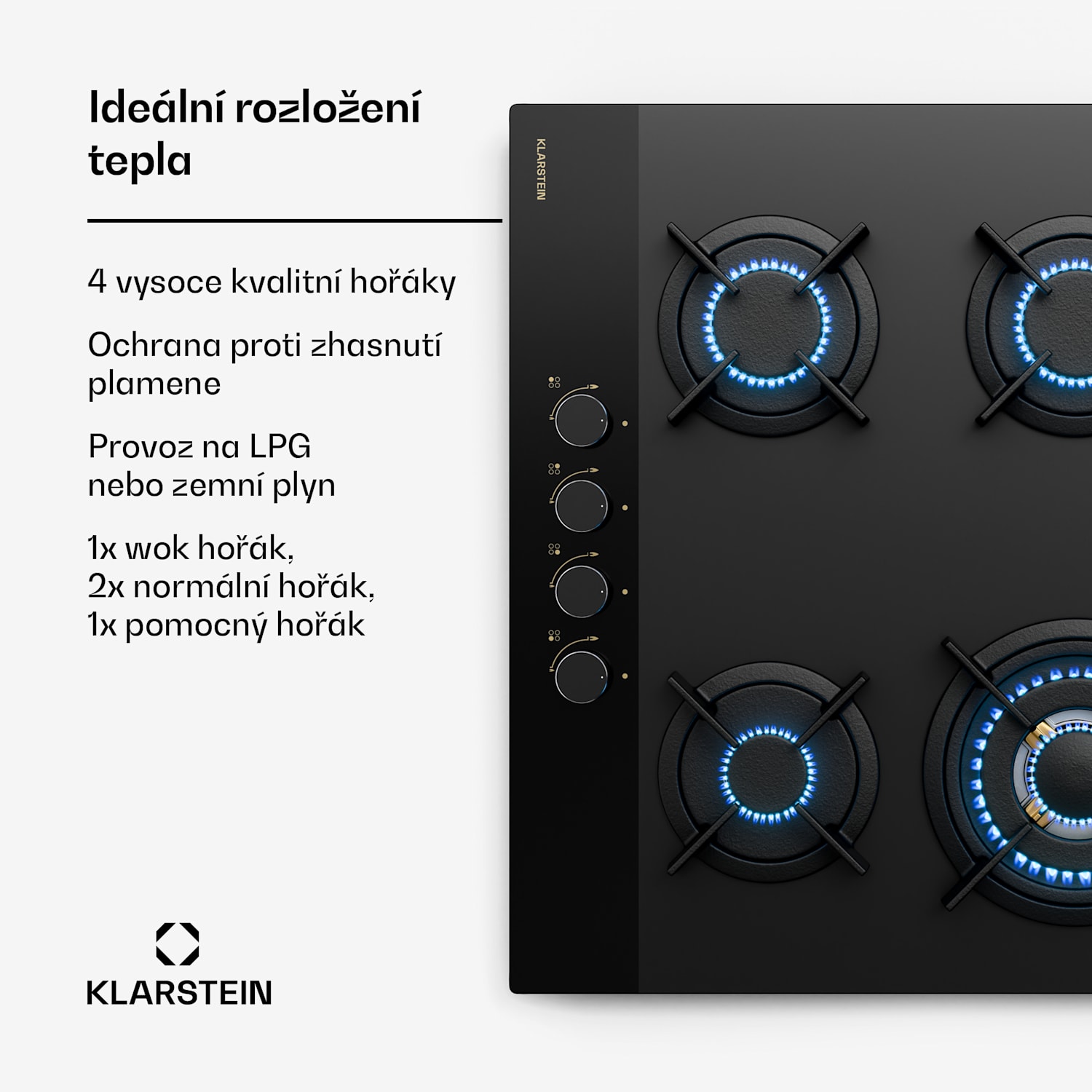 Plynová varná deska Goldflame Nano, 4 mosazné hořáky, Nano povlak, LPG/zemní plyn 60 cm | Sklo | Černá