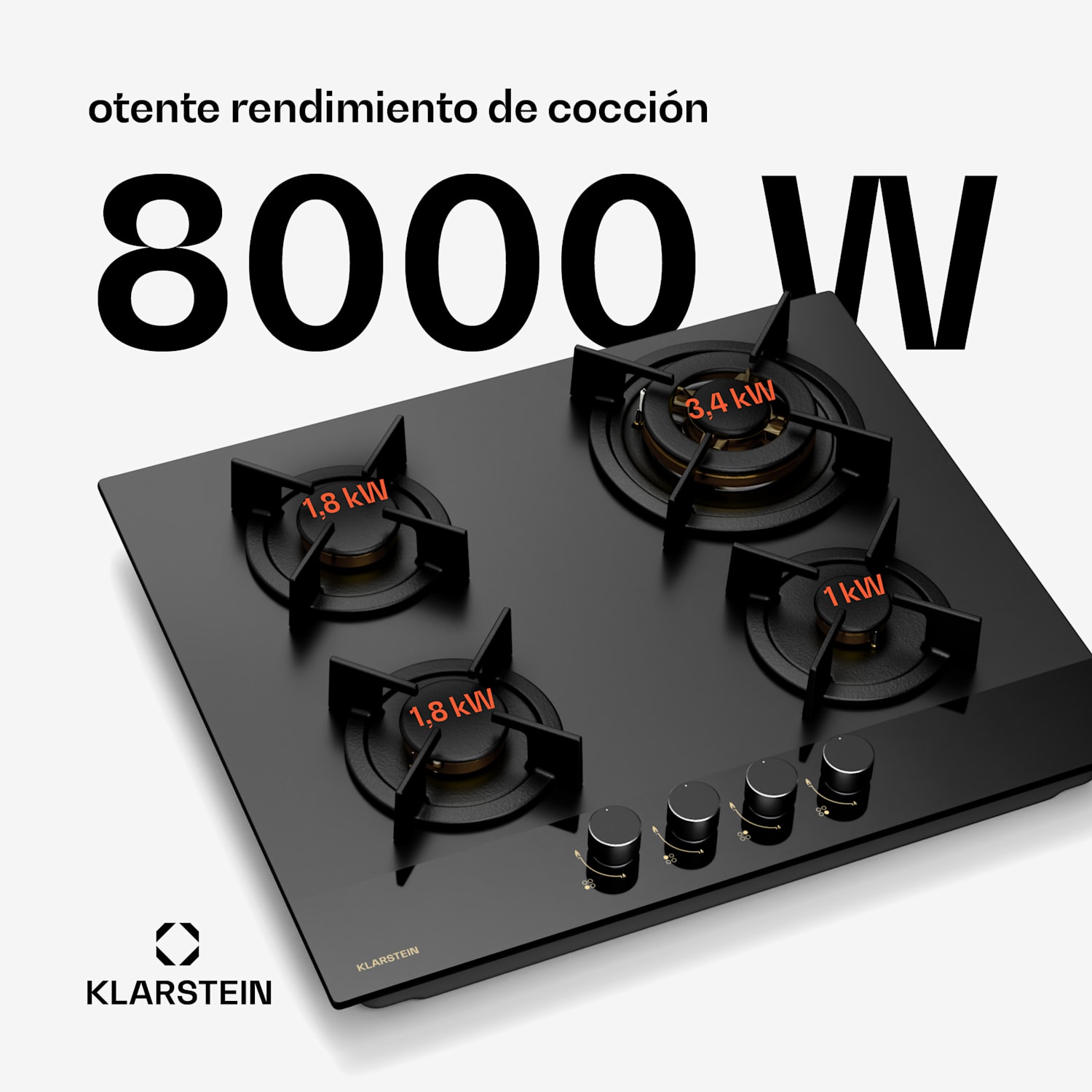 Goldflame Nano Placa de gas | 4 quemadores de latón | 8 kW | Nanorevestimiento | GLP/gas natural 60 cm | Cristal | Negro