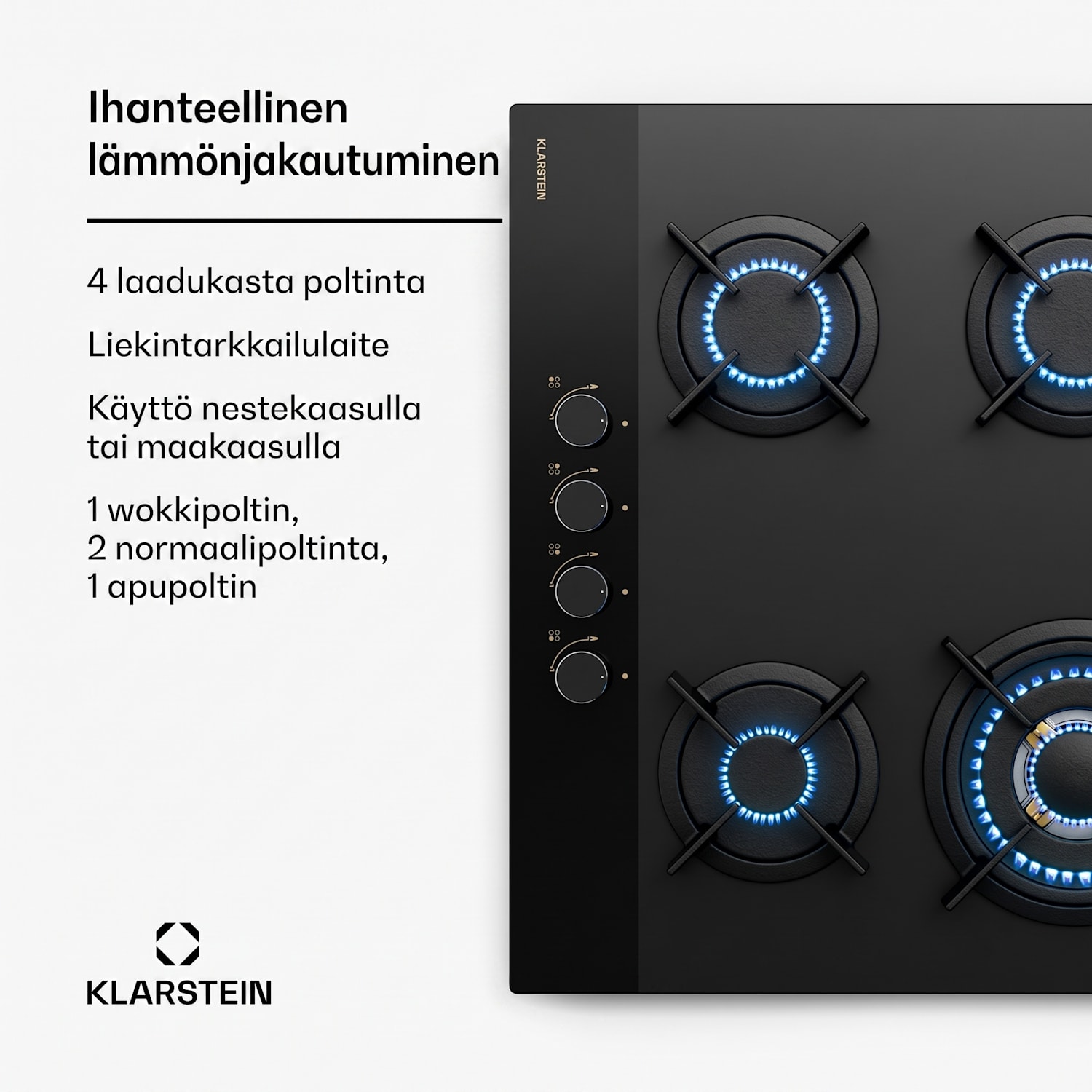 Goldflame Nano -kaasuliesitaso | 4 messinkipoltinta | 8 kW | nanopinnoite | nestekaasu/maakaasu 60 cm | Lasi | Musta