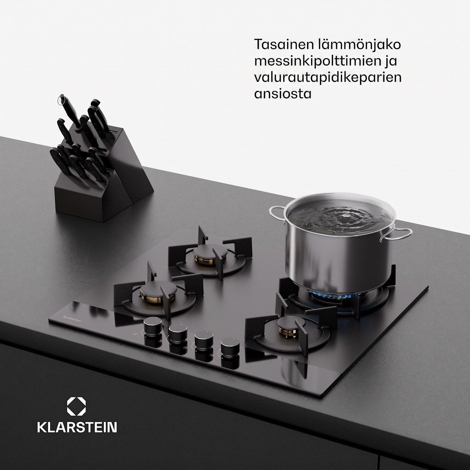 Goldflame Nano -kaasuliesitaso | 4 messinkipoltinta | 8 kW | nanopinnoite | nestekaasu/maakaasu 60 cm | Lasi | Musta