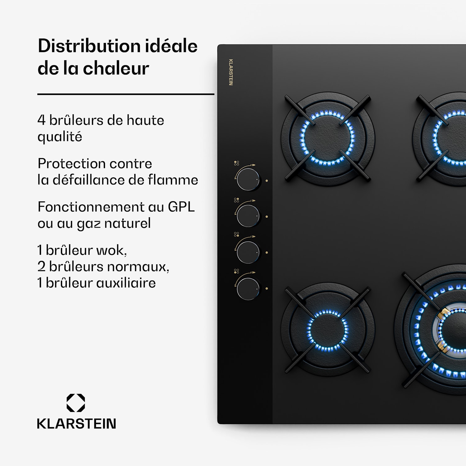 Goldflame Nano-gaskookplaat | 4 messingbranders | 8 kW | nanocoating | LPG/aardgas 60 cm | Glas | Zwart