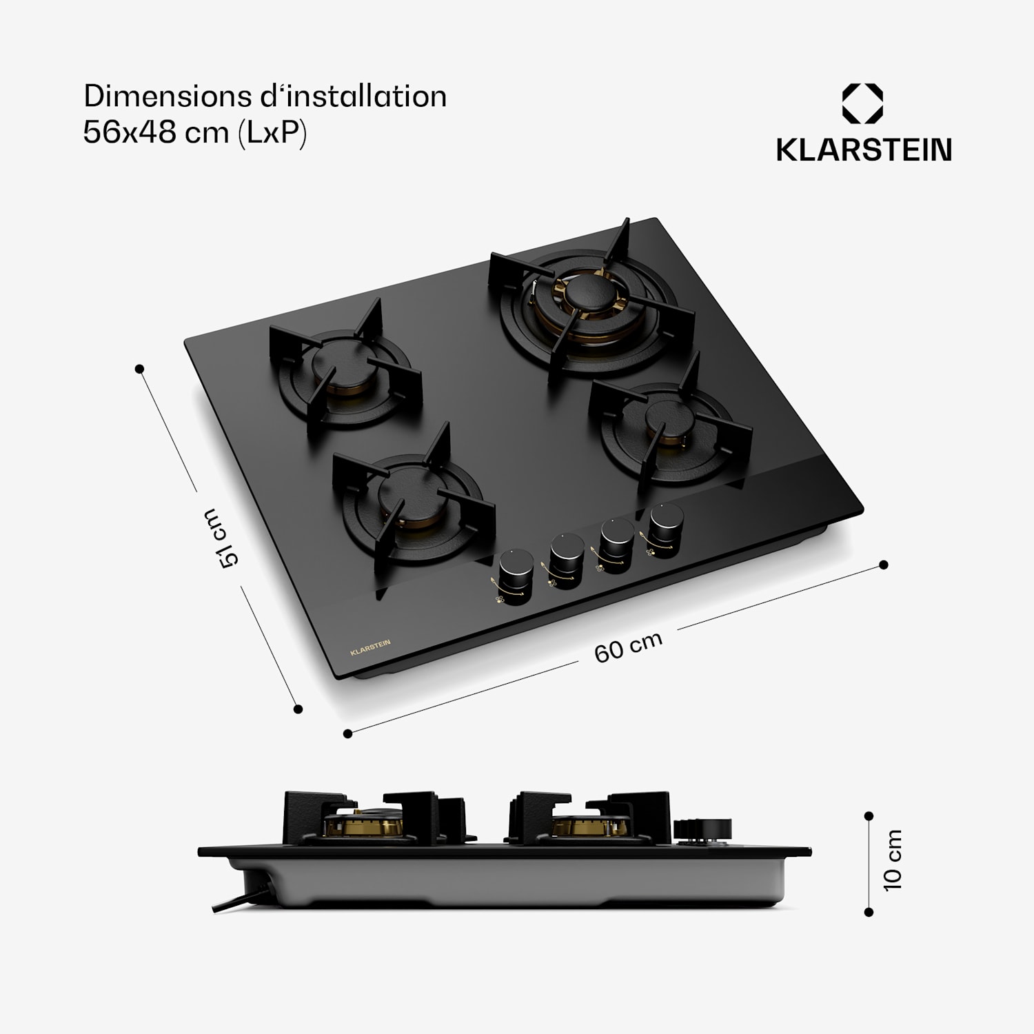 Goldflame Nano-gaskookplaat | 4 messingbranders | 8 kW | nanocoating | LPG/aardgas 60 cm | Glas | Zwart