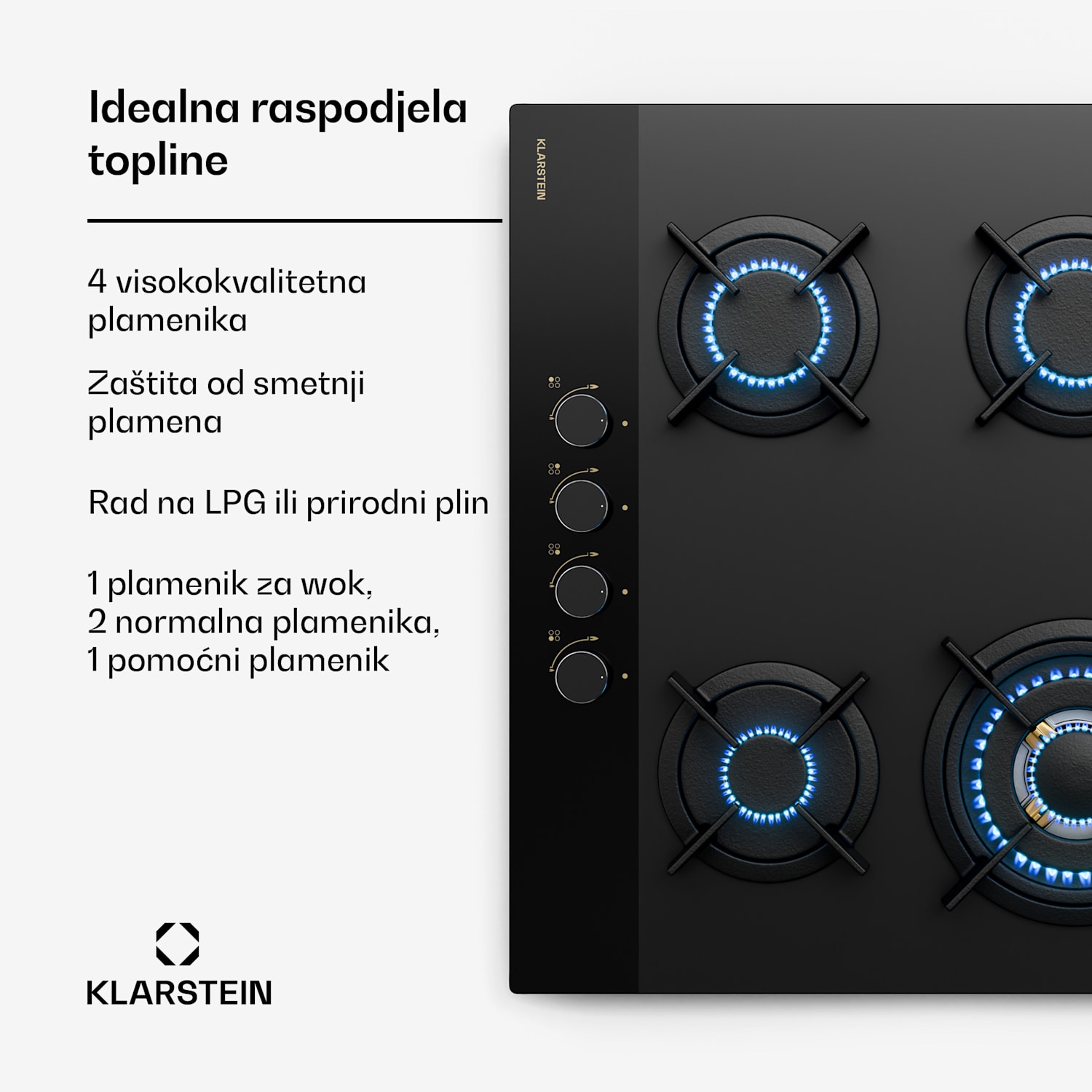 Goldflame Nano plinska ploča za kuhanje, 4 mjedena plamenika, Nano premaz, LPG/prirodni plin 60 cm | Staklo | Crna