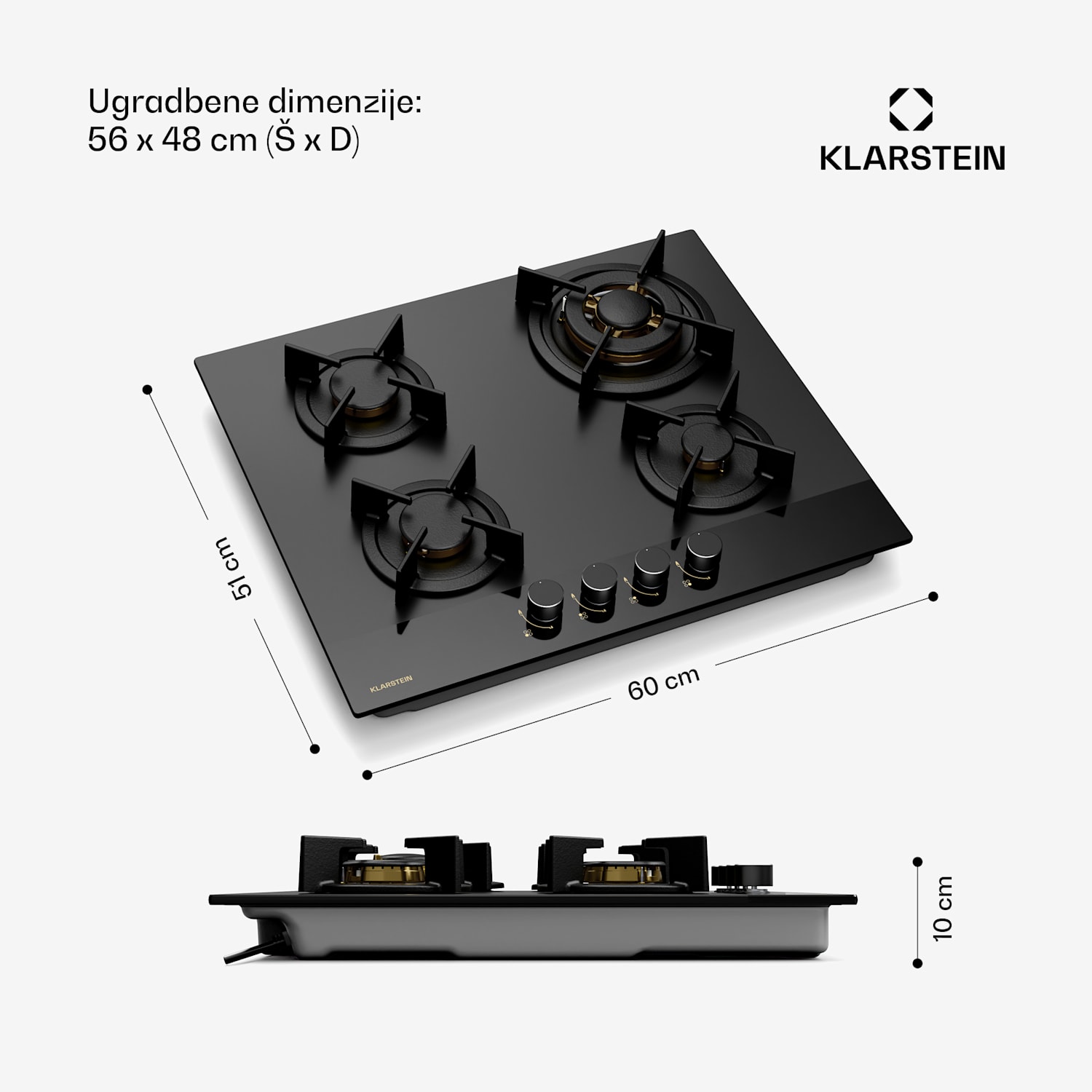 Goldflame Nano plinska ploča za kuhanje, 4 mjedena plamenika, Nano premaz, LPG/prirodni plin 60 cm | Staklo | Crna