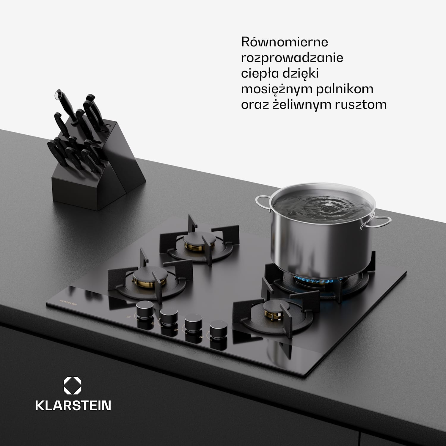 Goldflame Nano płyta gazowa, 4 mosiężne palniki, nanopowłoka, LPG/gaz ziemny 60 cm | Szkło | Czarny