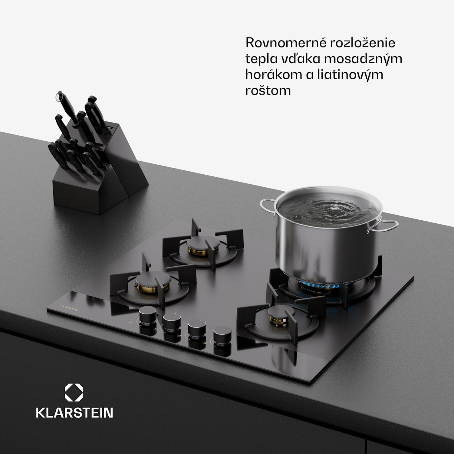 Goldflame Nano plynová varná doska, 4 mosadzné horáky, Nano povlak, LPG/zemný plyn 60 cm | Sklo | Čierna