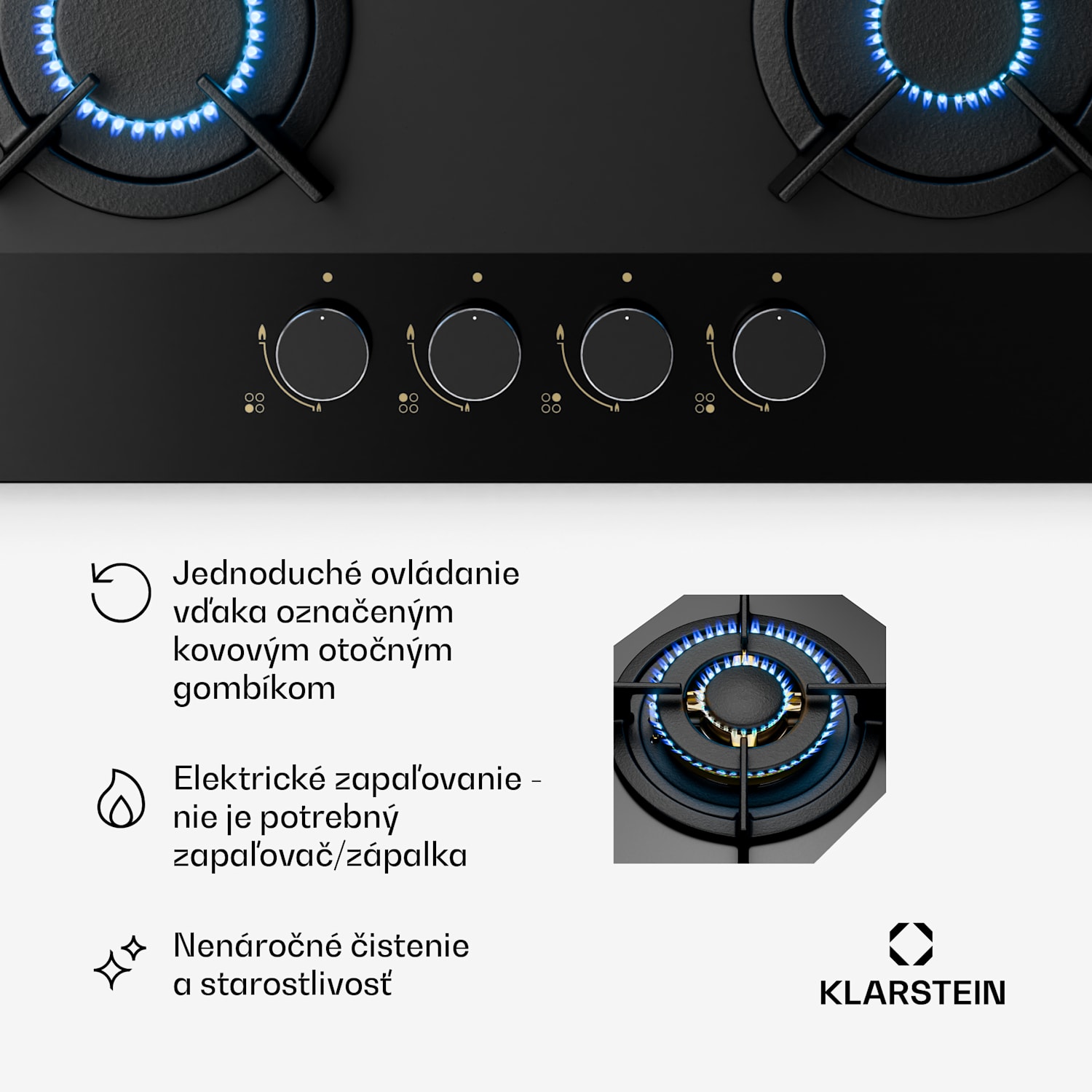 Goldflame Nano plynová varná doska, 4 mosadzné horáky, Nano povlak, LPG/zemný plyn 60 cm | Sklo | Čierna