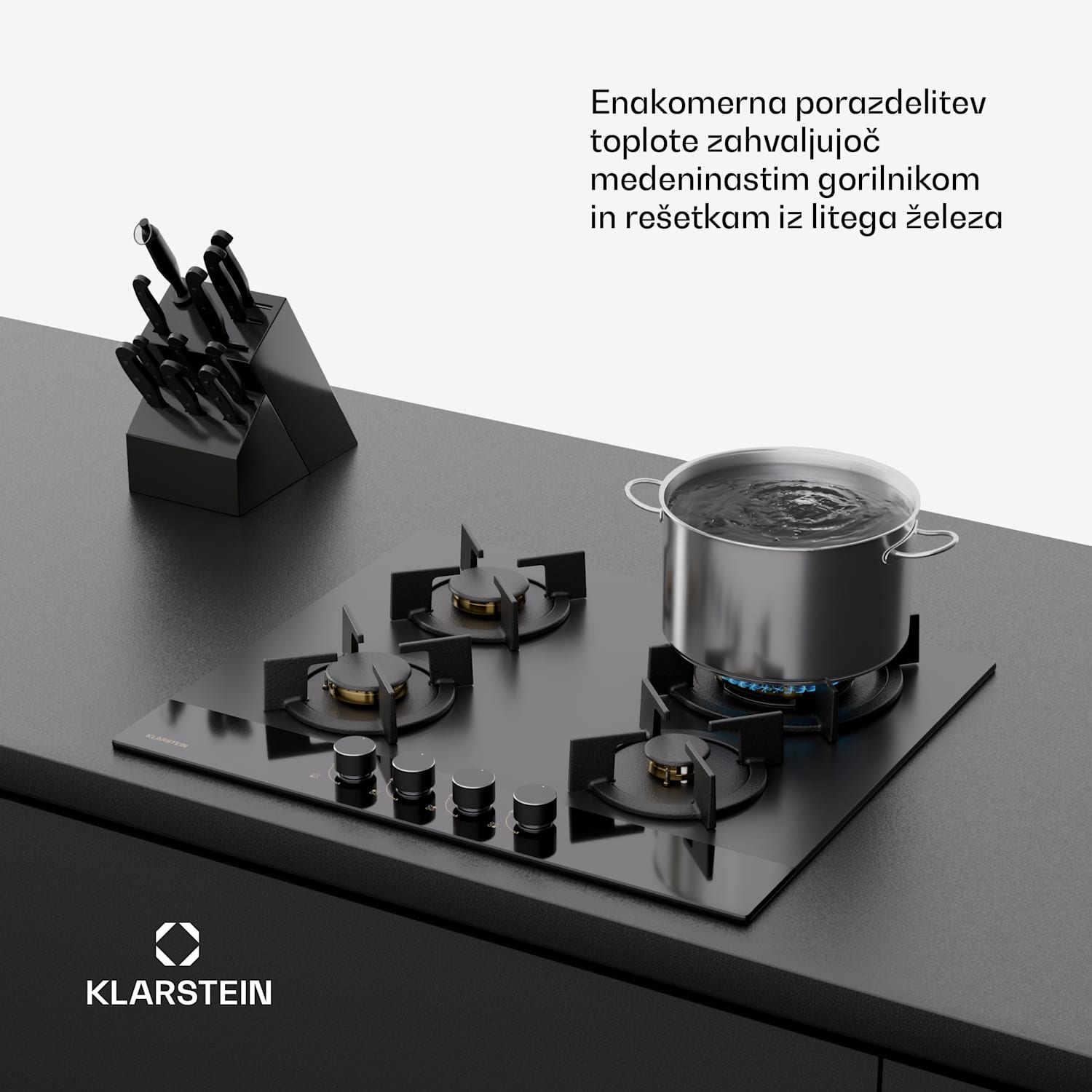 Goldflame Nano plinska kuhalna plošča, 4 medeninasti gorilniki, Nano premaz, LPG/zemeljski plin 60 cm | Steklo | Črna