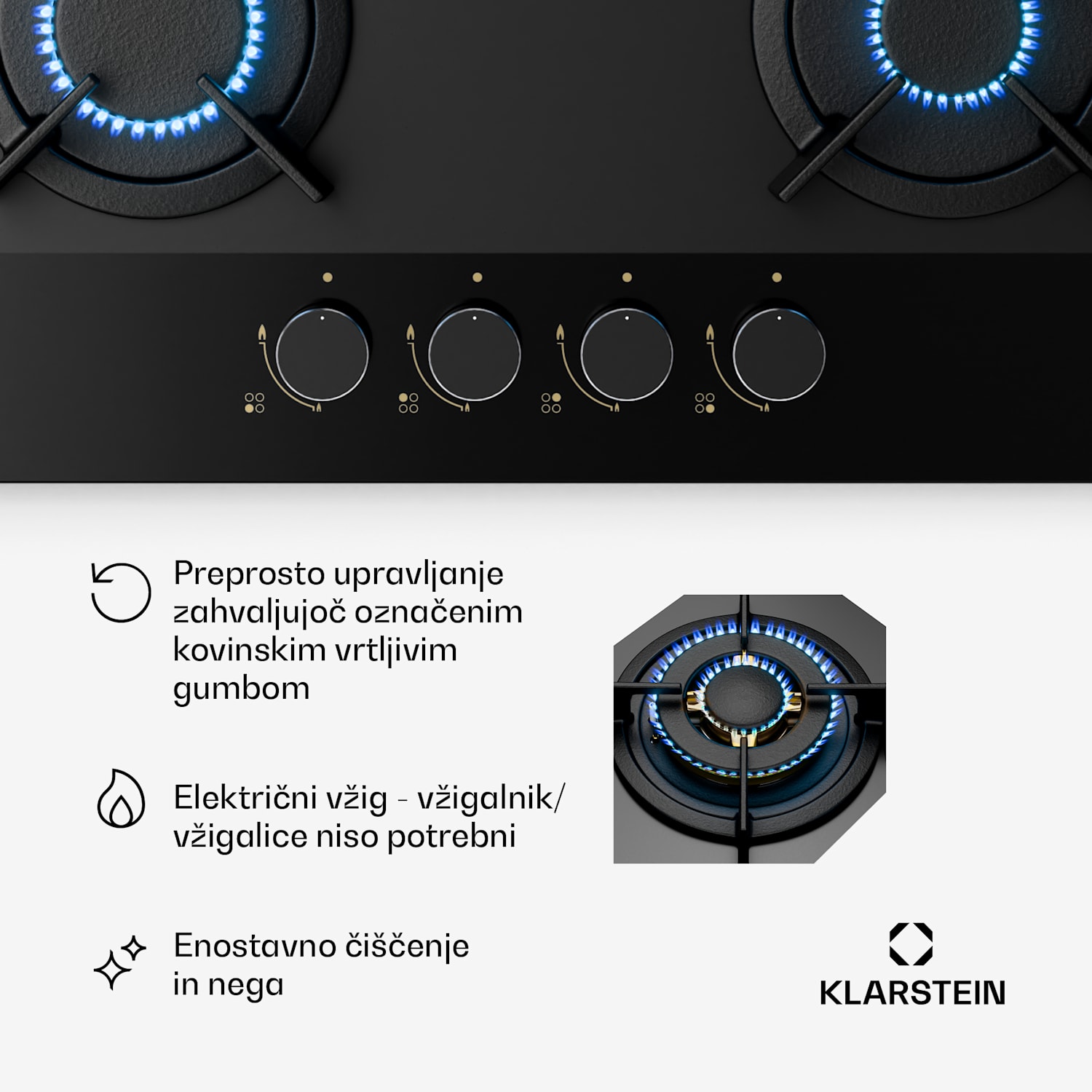 Goldflame Nano plinska kuhalna plošča, 4 medeninasti gorilniki, Nano premaz, LPG/zemeljski plin 60 cm | Steklo | Črna