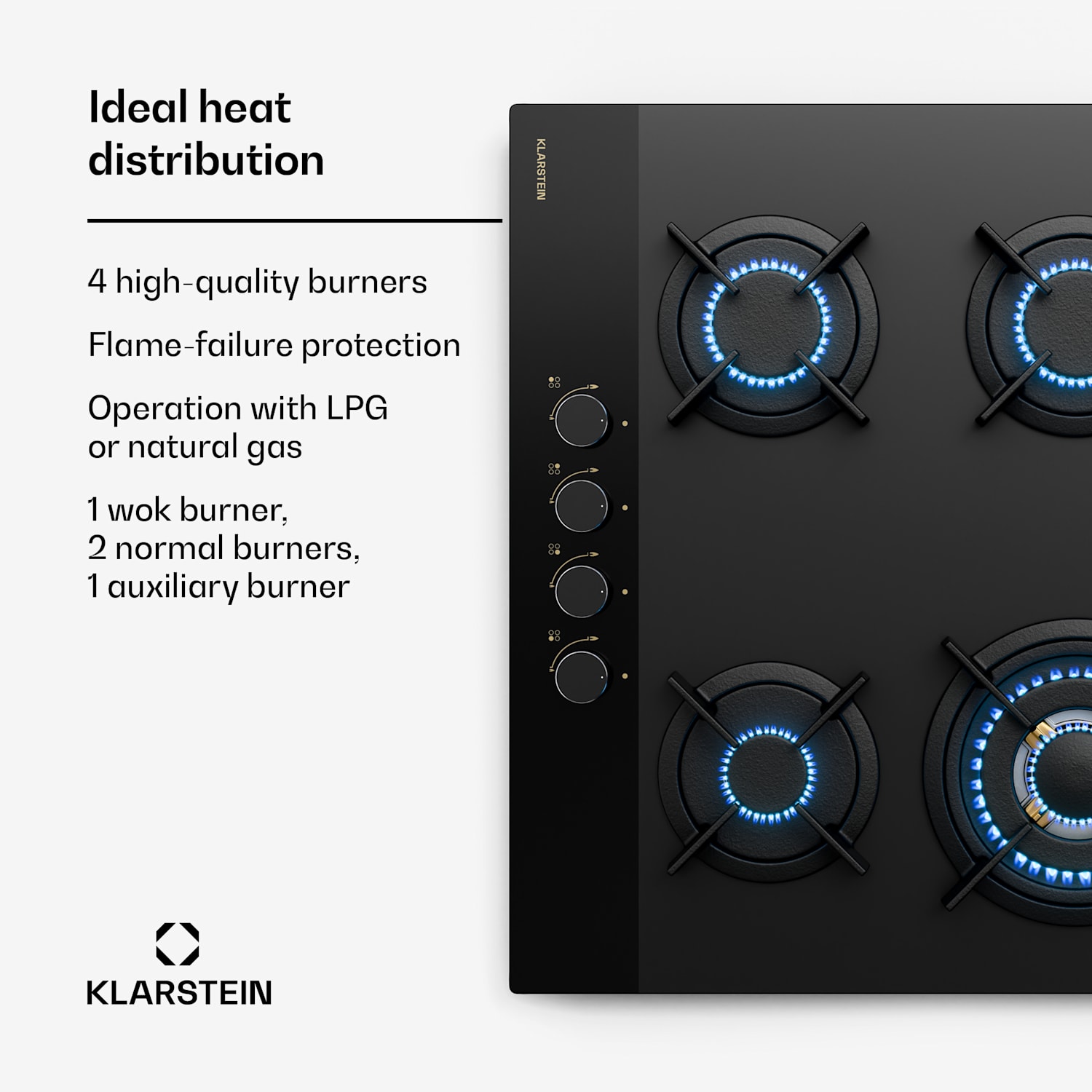 Goldflame Nano -kaasuliesitaso | 4 messinkipoltinta | 8 kW | nanopinnoite | nestekaasu/maakaasu 60 cm | Lasi | Musta