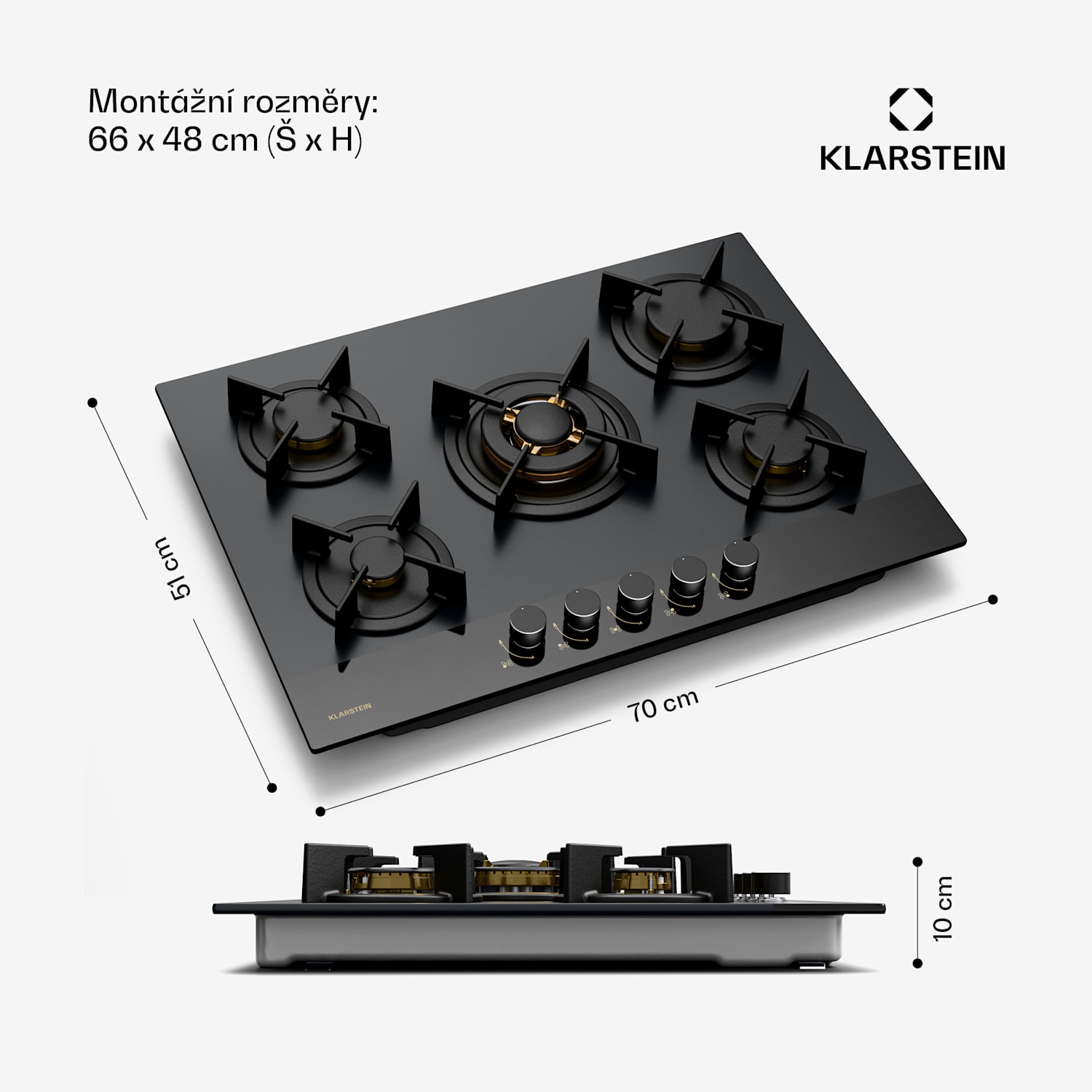 Plynová varná deska Goldflame Nano, 5 mosazných hořáků, Nano povlak, LPG/zemní plyn 70 cm | Sklo | Černá