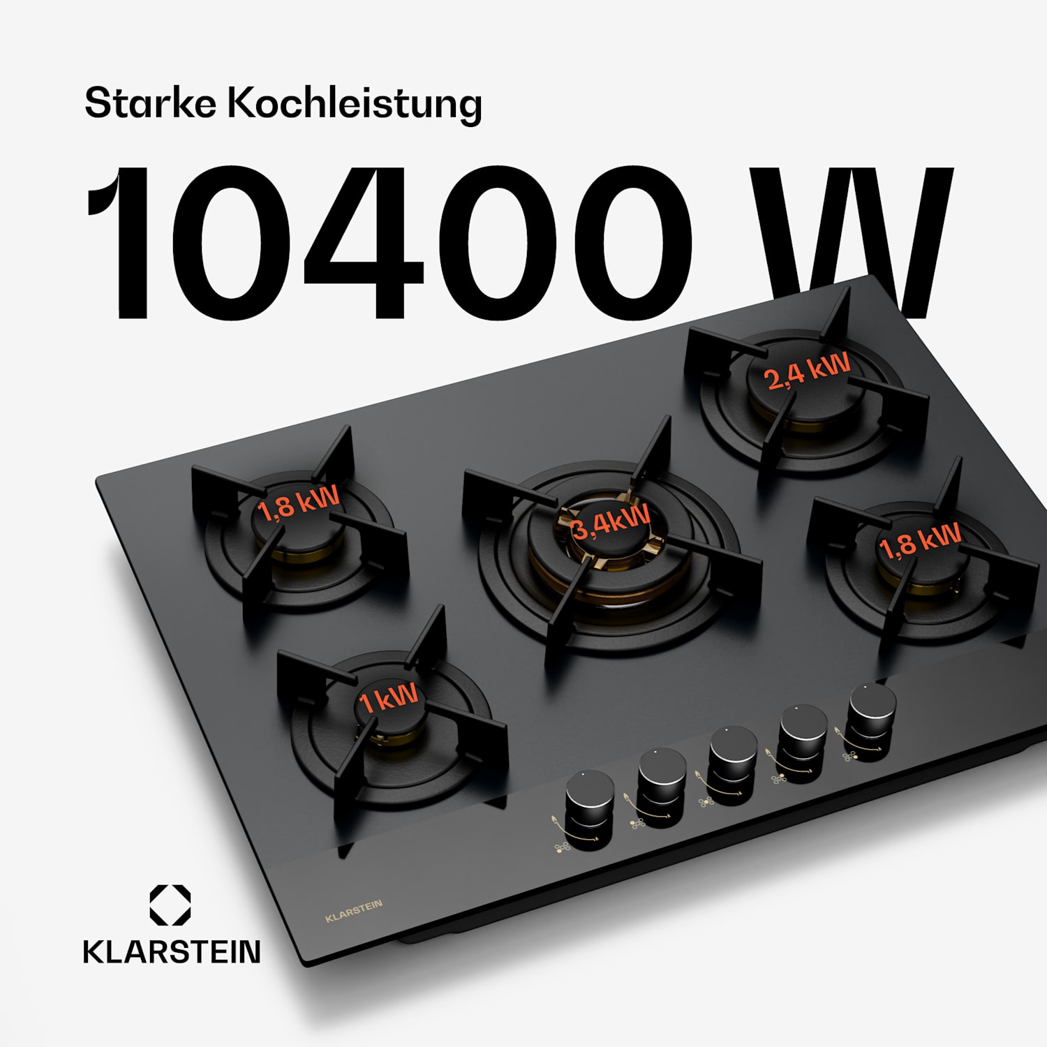 Goldflame Nano Gaskochfeld | 5 Messingbrenner | 8 kW | Nano-Beschichtung | LPG/Erdgas 70 cm | Glas | Schwarz