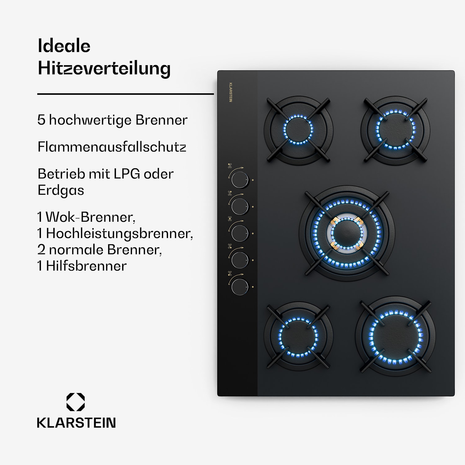 Goldflame Nano Gaskochfeld | 5 Messingbrenner | 8 kW | Nano-Beschichtung | LPG/Erdgas 70 cm | Glas | Schwarz