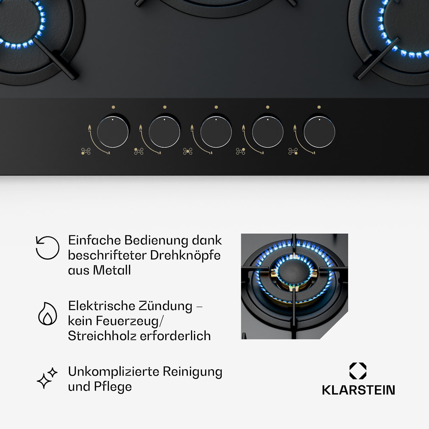 Goldflame Nano Gaskochfeld | 5 Messingbrenner | 8 kW | Nano-Beschichtung | LPG/Erdgas 70 cm | Glas | Schwarz