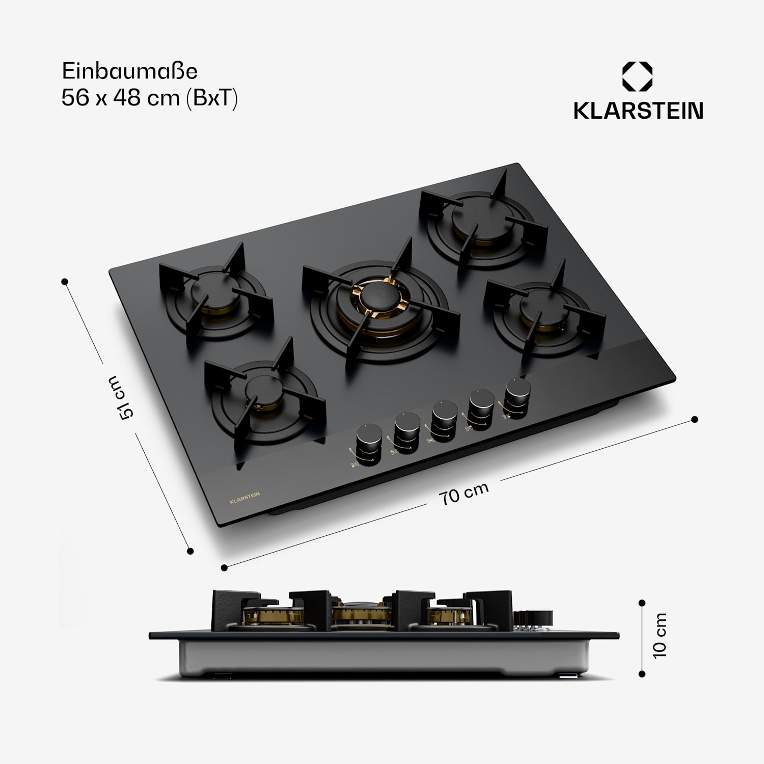 Goldflame Nano Gaskochfeld | 5 Messingbrenner | 8 kW | Nano-Beschichtung | LPG/Erdgas 70 cm | Glas | Schwarz