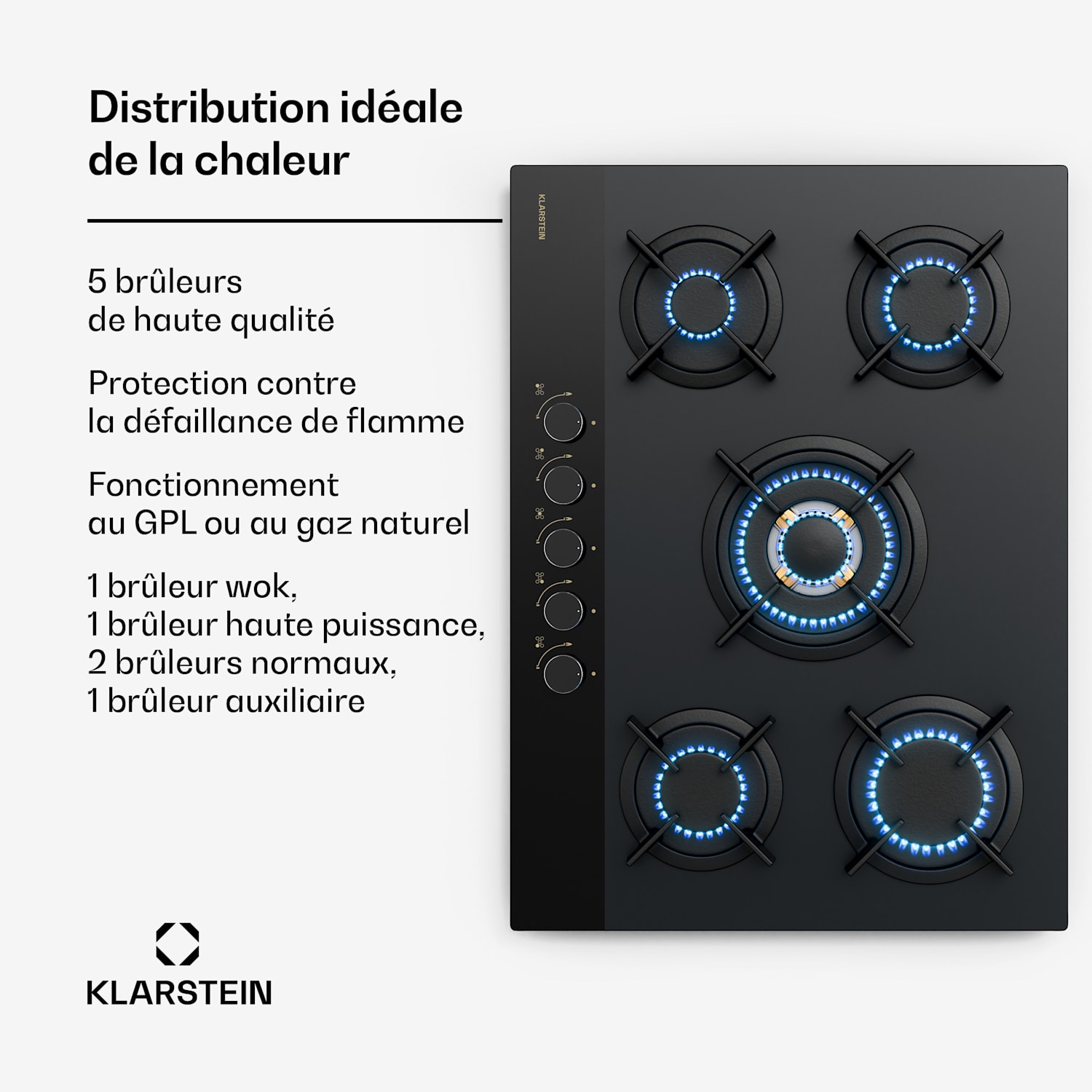 Goldflame Nano-gaskookplaat | 5 messingbranders | 8 kW | nanocoating | LPG/aardgas 