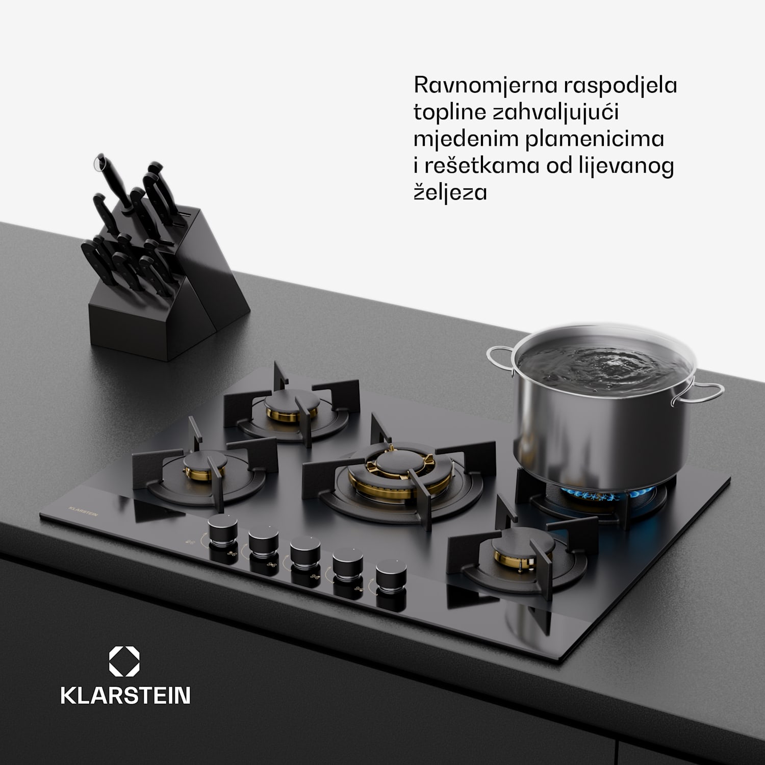 Goldflame Nano plinska ploča za kuhanje, 5 mjedenih plamenika, Nano premaz, LPG/prirodni plin 70 cm | Staklo | Crna