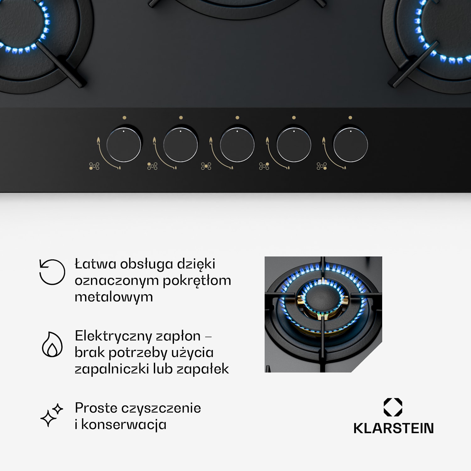 Goldflame Nano płyta gazowa, 5 mosiężnych palników, nanopowłoka, LPG/gaz ziemny 70 cm | Szkło | Czarny