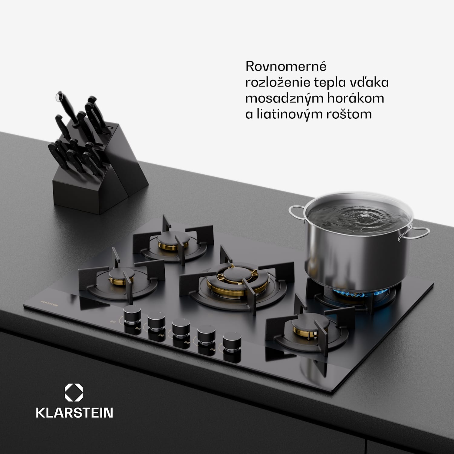 Goldflame Nano plynová varná doska, 5 mosadzných horákov, Nano povlak, LPG/zemný plyn 70 cm | Sklo | Čierna