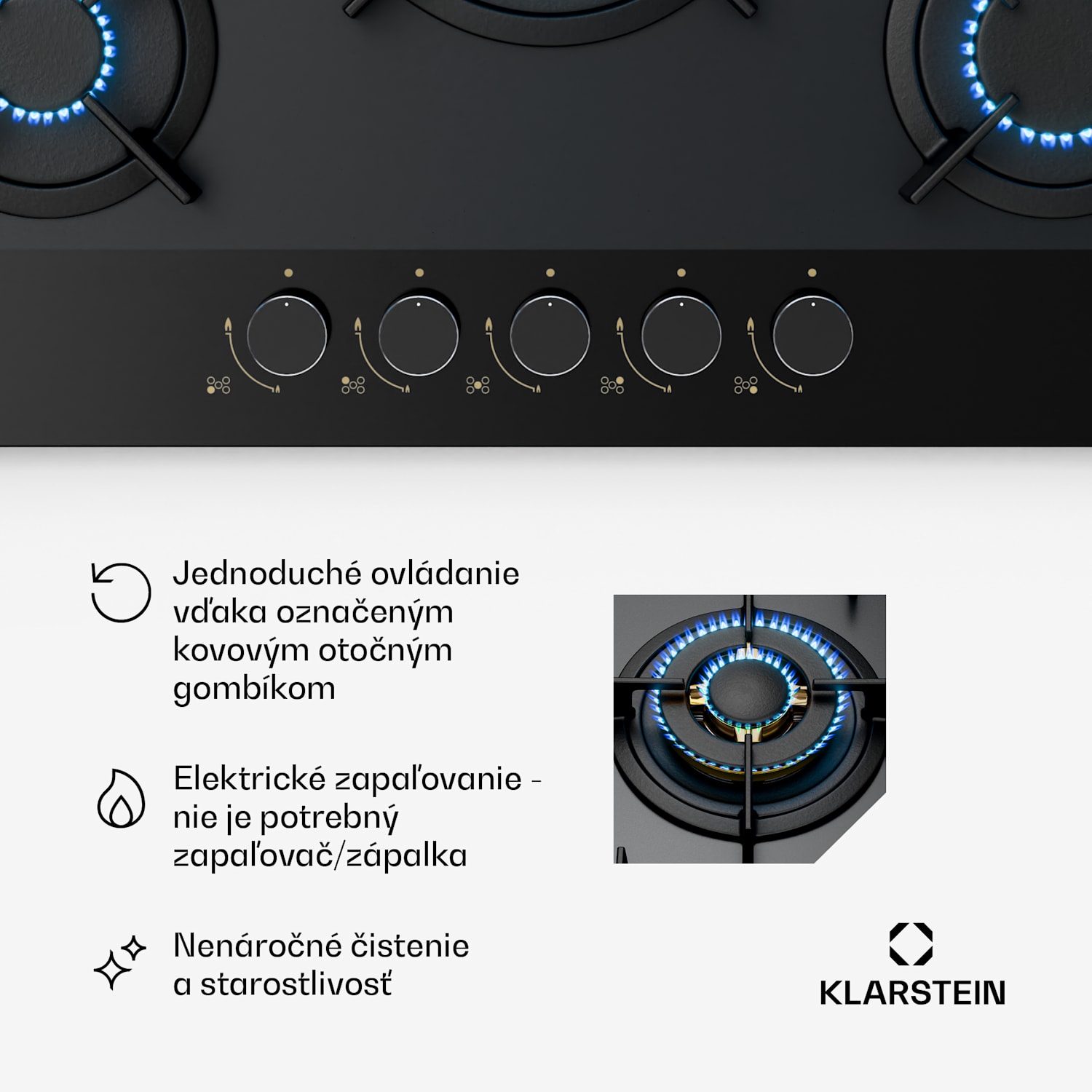 Goldflame Nano plynová varná doska, 5 mosadzných horákov, Nano povlak, LPG/zemný plyn 70 cm | Sklo | Čierna