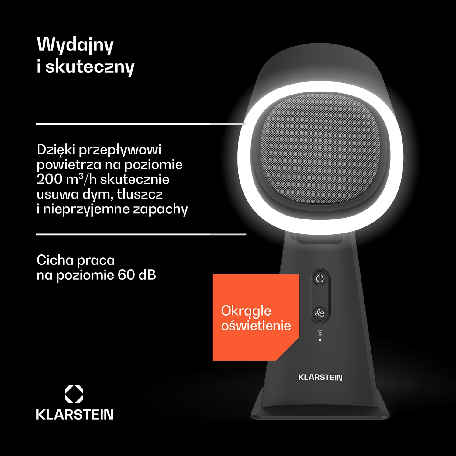 WanderVent okap kuchenny, 200 m³/h, kompaktowy design z kablem zasilającym | Czarny