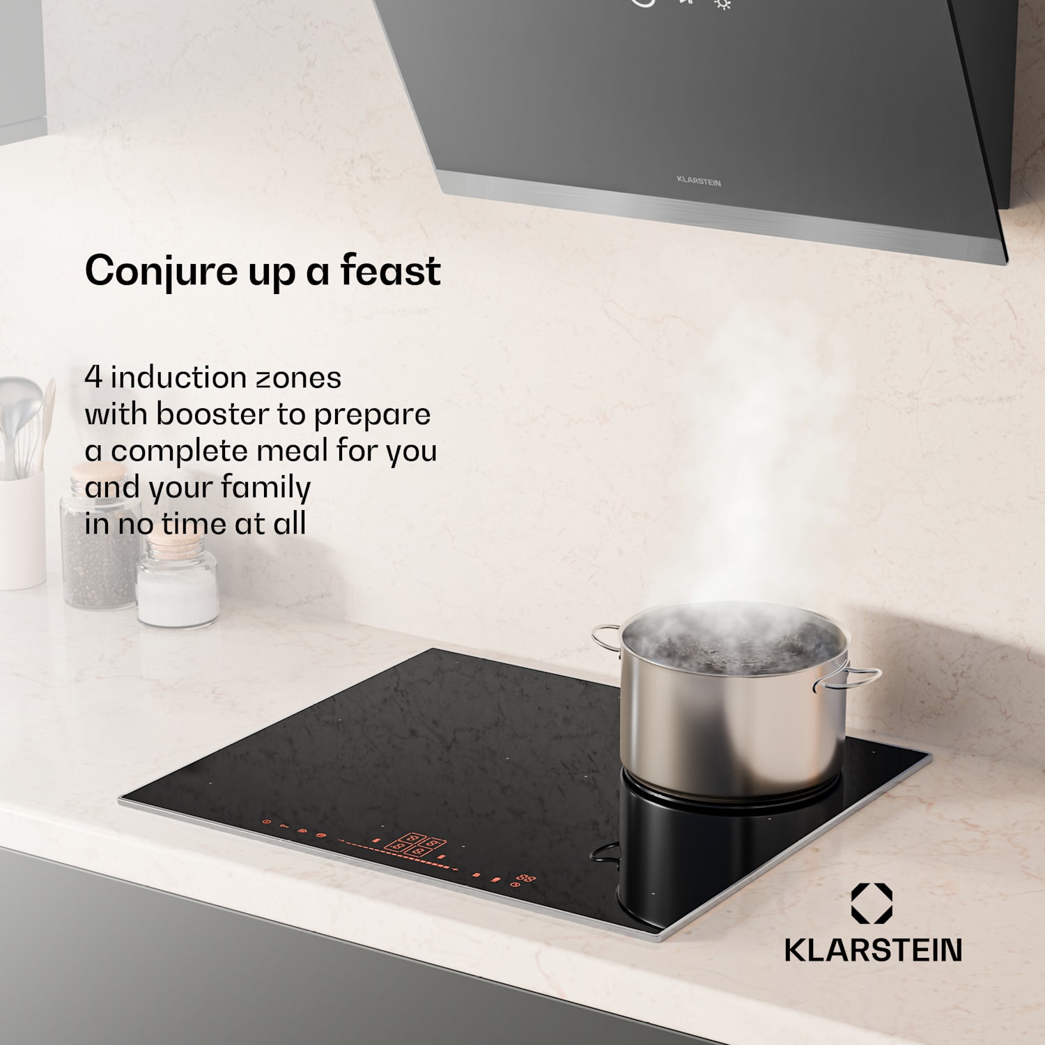 NanoGlow-induktioliesitaso | 4 keittoaluetta | joustovyöhykkeet | tehostin | nanopinnoite NanoGlow | 60 cm | Musta