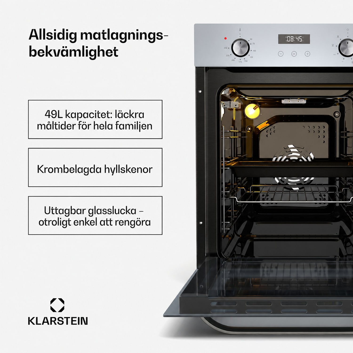 SmartSlim ugn | slimmad design | 8 funktioner | 49 l kapacitet | enkel rengöring | energiklass A Vit