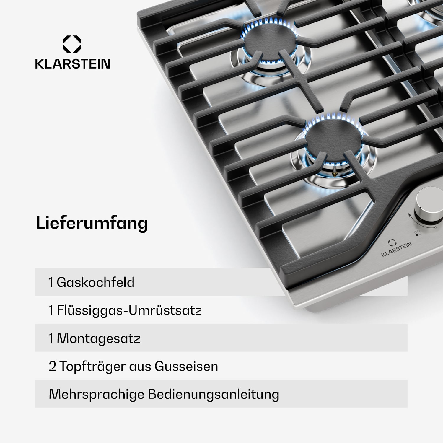 Turbocast Placa de gas | Acero inoxidable 304 | 4 quemadores | Soporte profesional de hierro fundido | Quemador wok 60 cm | Acero inoxidable | Plata