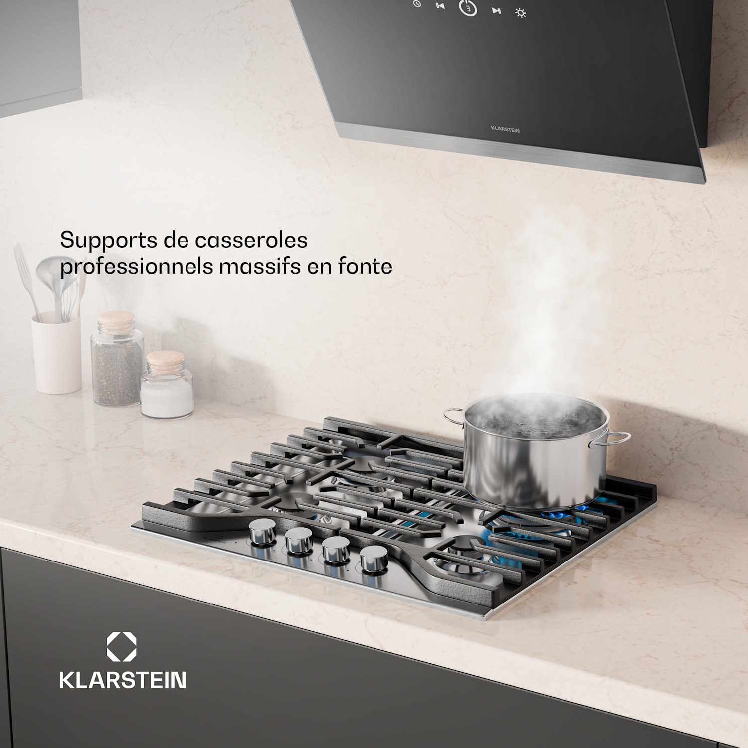 Turbocast plynová varná doska, 304 nehrdzavejúca oceľ, 4 horáky, profesionálny liatinový držiak, horák wok 60 cm | Nerezová oceľ | Strieborná