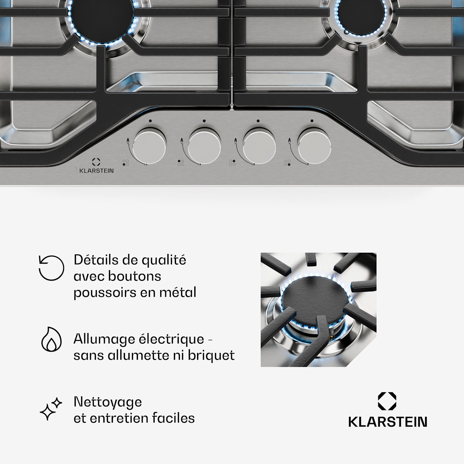 Turbocast plynová varná doska, 304 nehrdzavejúca oceľ, 4 horáky, profesionálny liatinový držiak, horák wok 60 cm | Nerezová oceľ | Strieborná