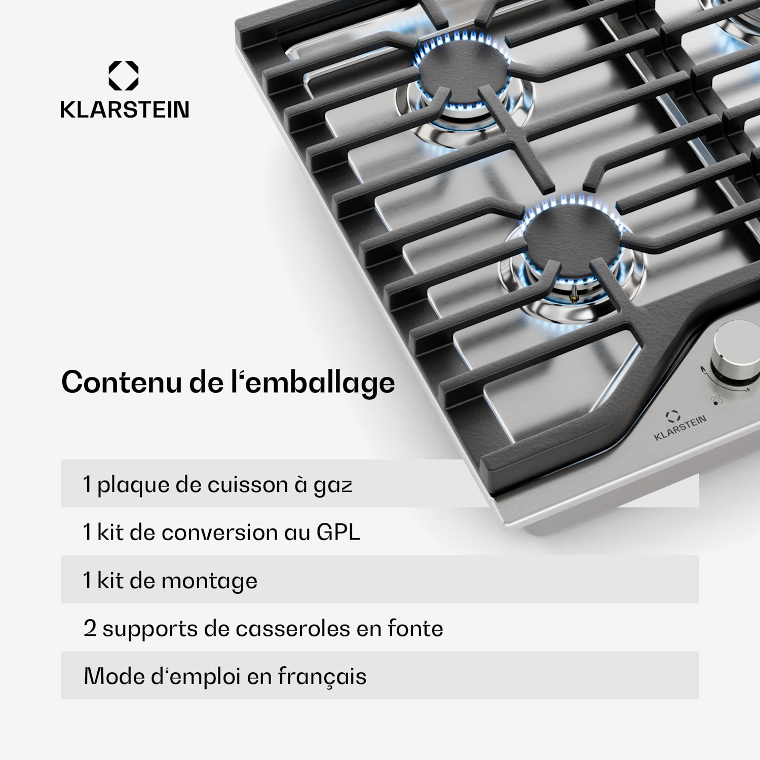 Turbocast plynová varná doska, 304 nehrdzavejúca oceľ, 4 horáky, profesionálny liatinový držiak, horák wok 60 cm | Nerezová oceľ | Strieborná