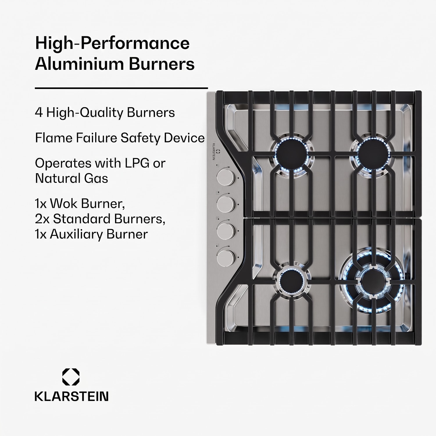 Turbocast gas hob | 304 stainless steel | 4-burner | professional cast iron holder | wok burner 60 cm | Stainless Steel | Silver