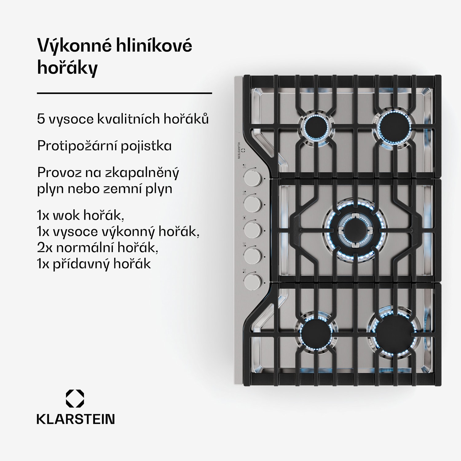 Plynová varná deska Turbocast, 304 nerezová ocel, 5 hořáků, profesionální litinový držák, hořák wok 75cm | Nerezová ocel | Stříbrná